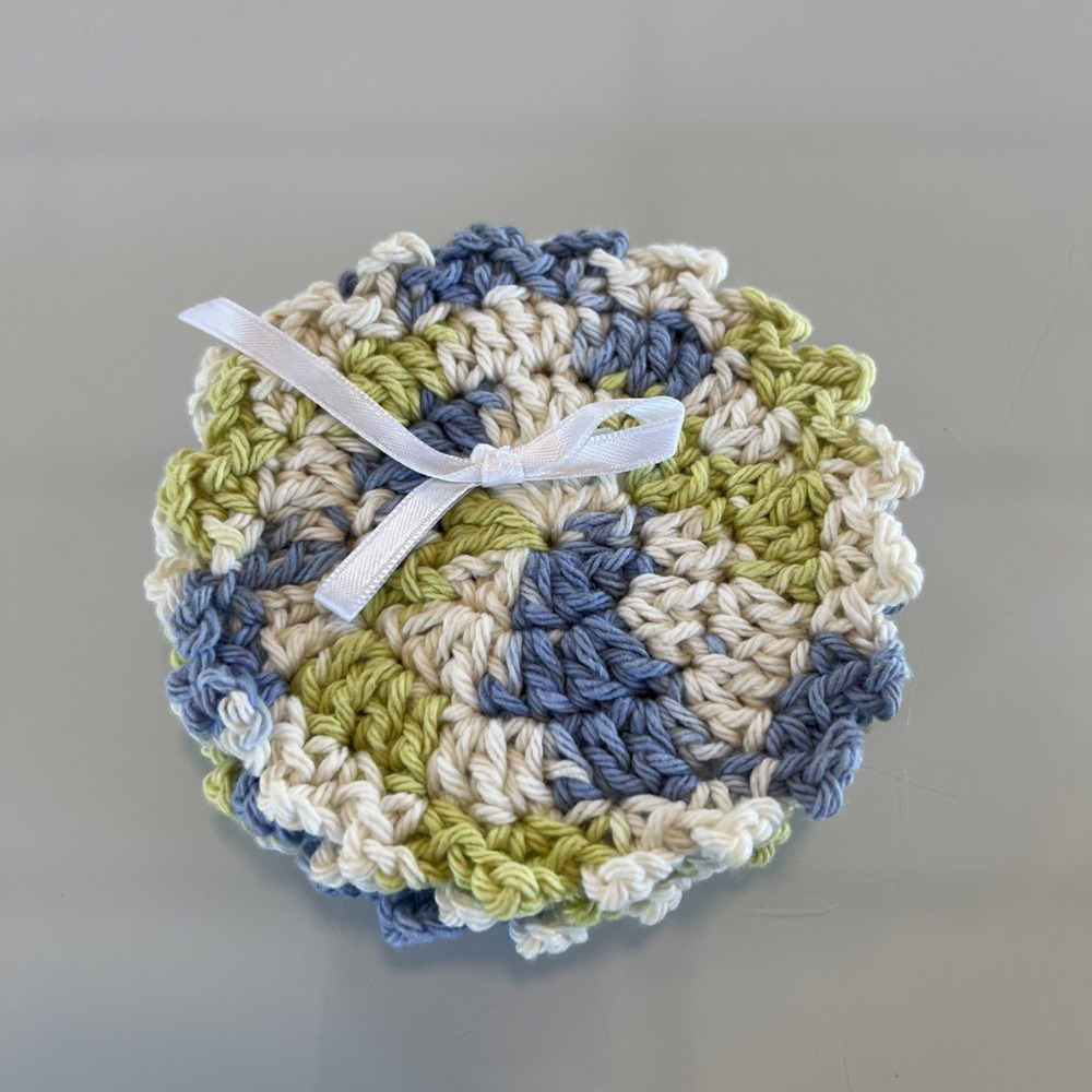 Handmade Crochet Coasters Set of 4 Blue‎ Green White Cottagecore New 5 Inches